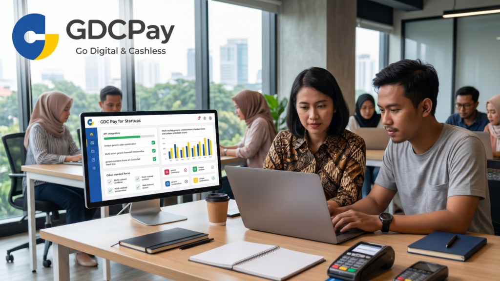 Ilustrasi customized payment solutions Indonesia dengan payment gateway, QRIS Merchant, QRIS API, dan dashboard transaksi bisnis