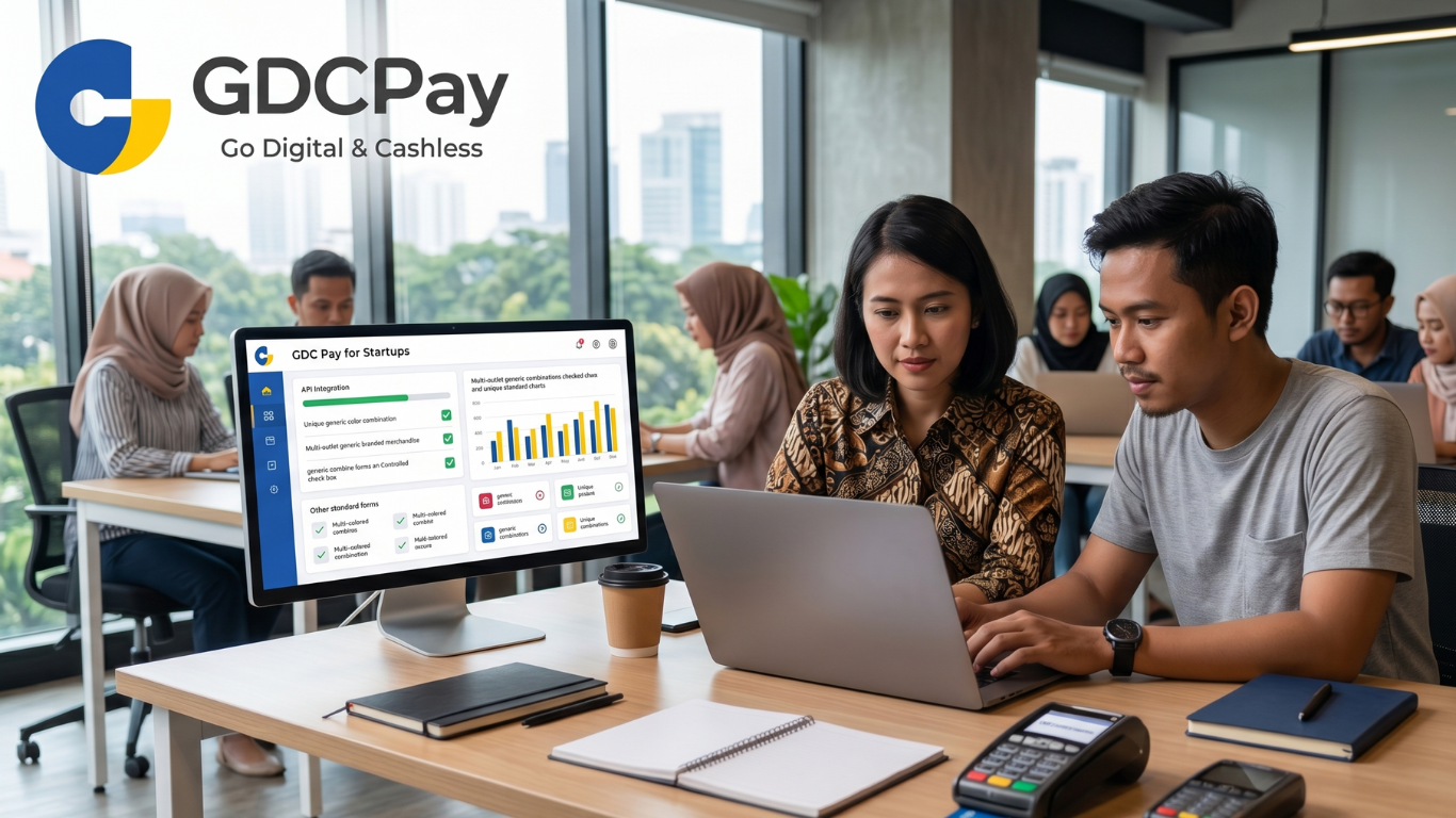Ilustrasi customized payment solutions Indonesia dengan payment gateway, QRIS Merchant, QRIS API, dan dashboard transaksi bisnis