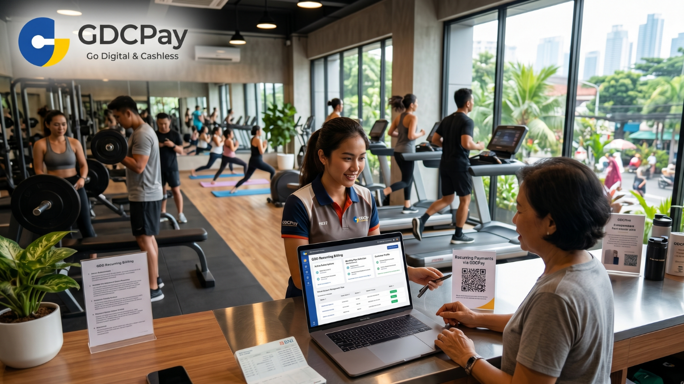 Ilustrasi e-wallet aggregator Indonesia dengan payment gateway QRIS, biller aggregator, dashboard transaksi, dan aplikasi QRIS untuk bisnis