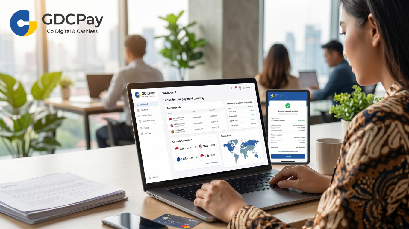Ilustrasi subscription payment gateway dengan dashboard tagihan langganan, QRIS, payment gateway Indonesia, dan laporan transaksi pelanggan
