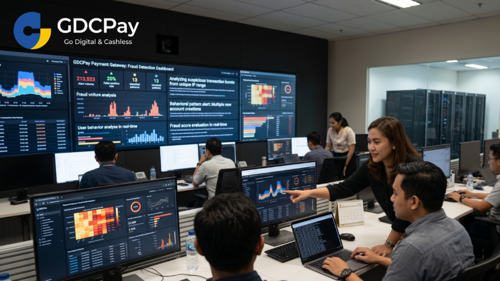 Ilustrasi fraud detection system payment gateway dengan payment gateway API, QRIS Merchant, dan dashboard keamanan transaksi bisnis