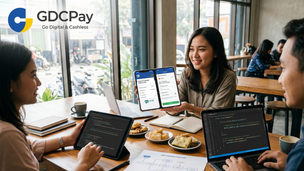 Ilustrasi mobile SDK payment gateway dengan aplikasi pembayaran UMKM, payment gateway QRIS, dan dashboard transaksi GDCPay