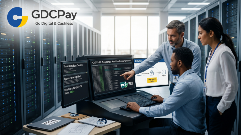 Ilustrasi PCI DSS compliance payment gateway Indonesia dengan API payment gateway, Merchant QRIS, dashboard keamanan, dan transaksi online