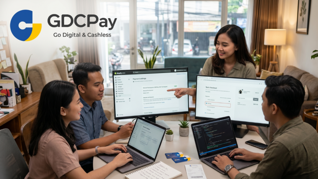 Ilustrasi Shopify payment integration Indonesia dengan QRIS merchant, payment gateway API Indonesia, dan dashboard transaksi toko online