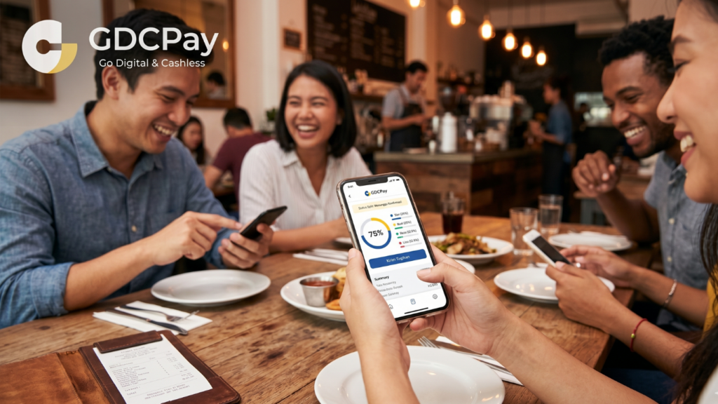 Ilustrasi split payment feature pada payment gateway Indonesia dengan QRIS, kartu kredit, dashboard merchant, dan pembagian pembayaran otomatis