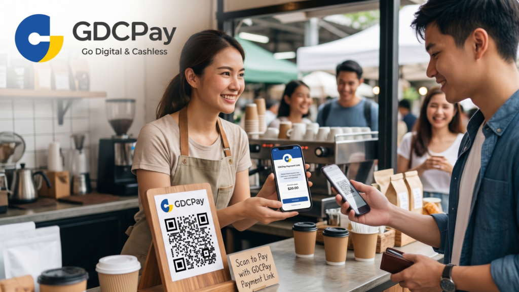 Ilustrasi link pembayaran untuk WhatsApp dengan payment link GDCPay, QRIS Merchant, dan dashboard transaksi bisnis