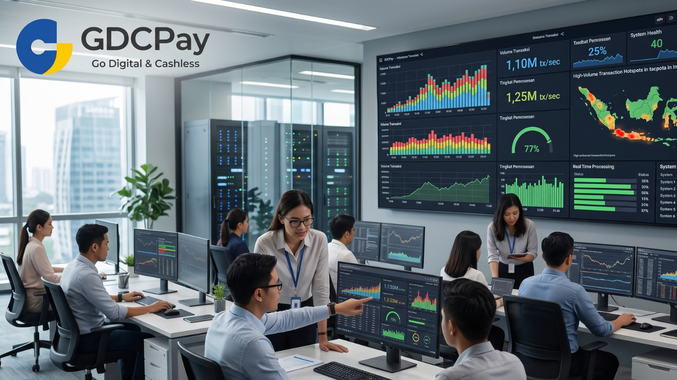 Ilustrasi high volume payment processing dengan dashboard payment gateway B2B, QRIS Payment Gateway, dan transaksi volume tinggi