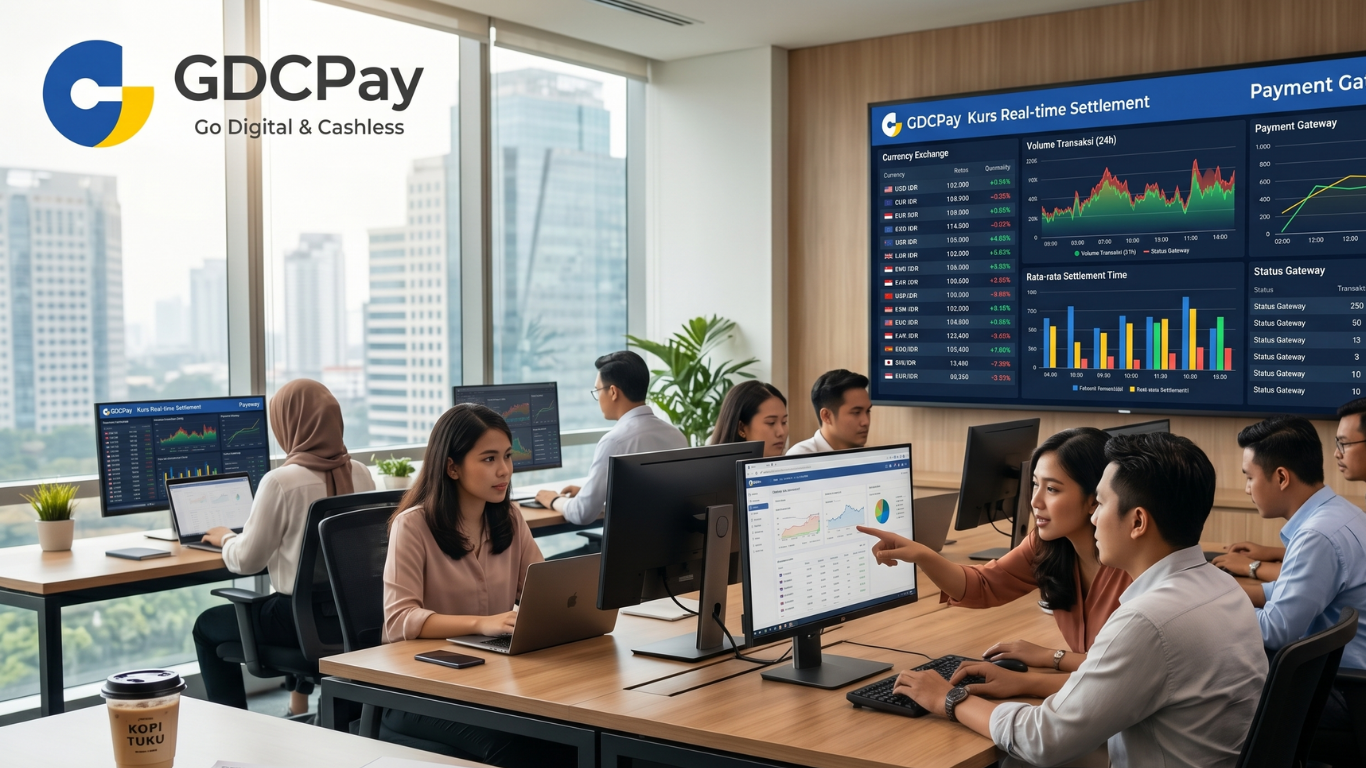 Ilustrasi real-time settlement payment gateway dengan dashboard transaksi, QRIS, aplikasi QRIS, dan laporan pembayaran bisnis