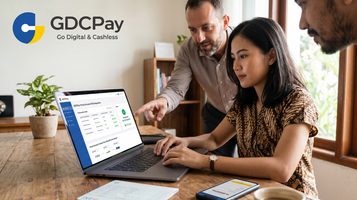 Ilustrasi Virtual Account integration dengan VA payment gateway, GDCPay Payment Gateway, QRIS, dan dashboard transaksi perusahaan