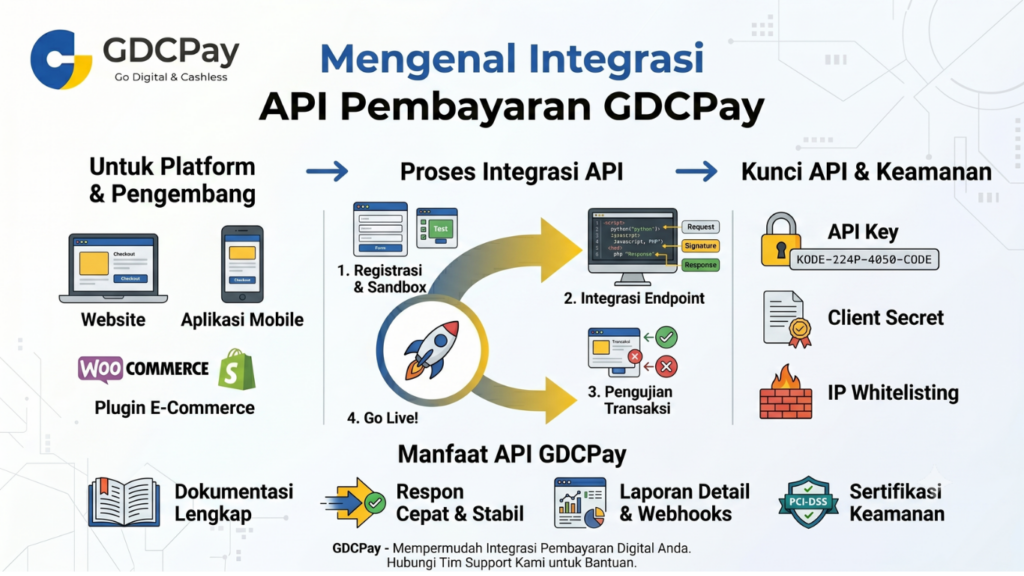 Ilustrasi integrasi API pembayaran dengan GDCPay API, payment gateway QRIS API, dashboard transaksi, dan sistem bisnis digital