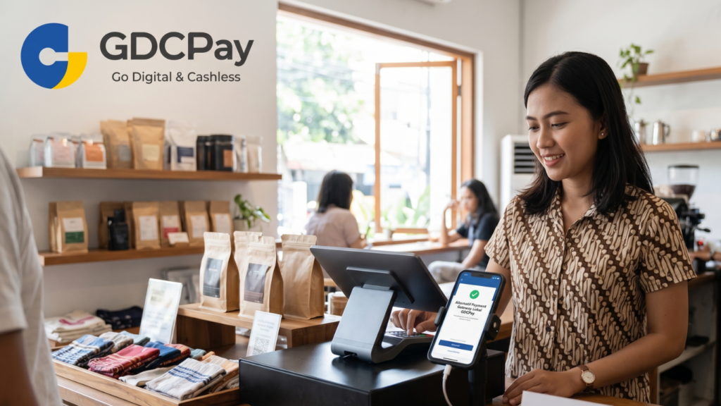 Ilustrasi GDCPay sebagai gerbang pembayaran lokal dengan QRIS, Virtual Account, disbursement, dan integrasi API untuk bisnis Indonesia