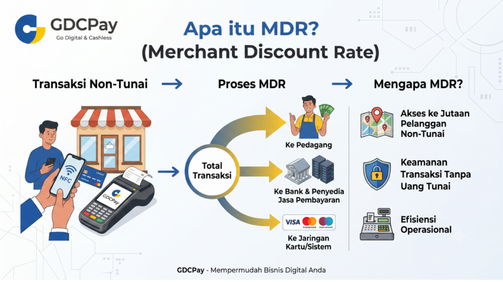 Ilustrasi MDR QRIS, Merchant Discount Rate, payment gateway QRIS API, dan dashboard transaksi merchant