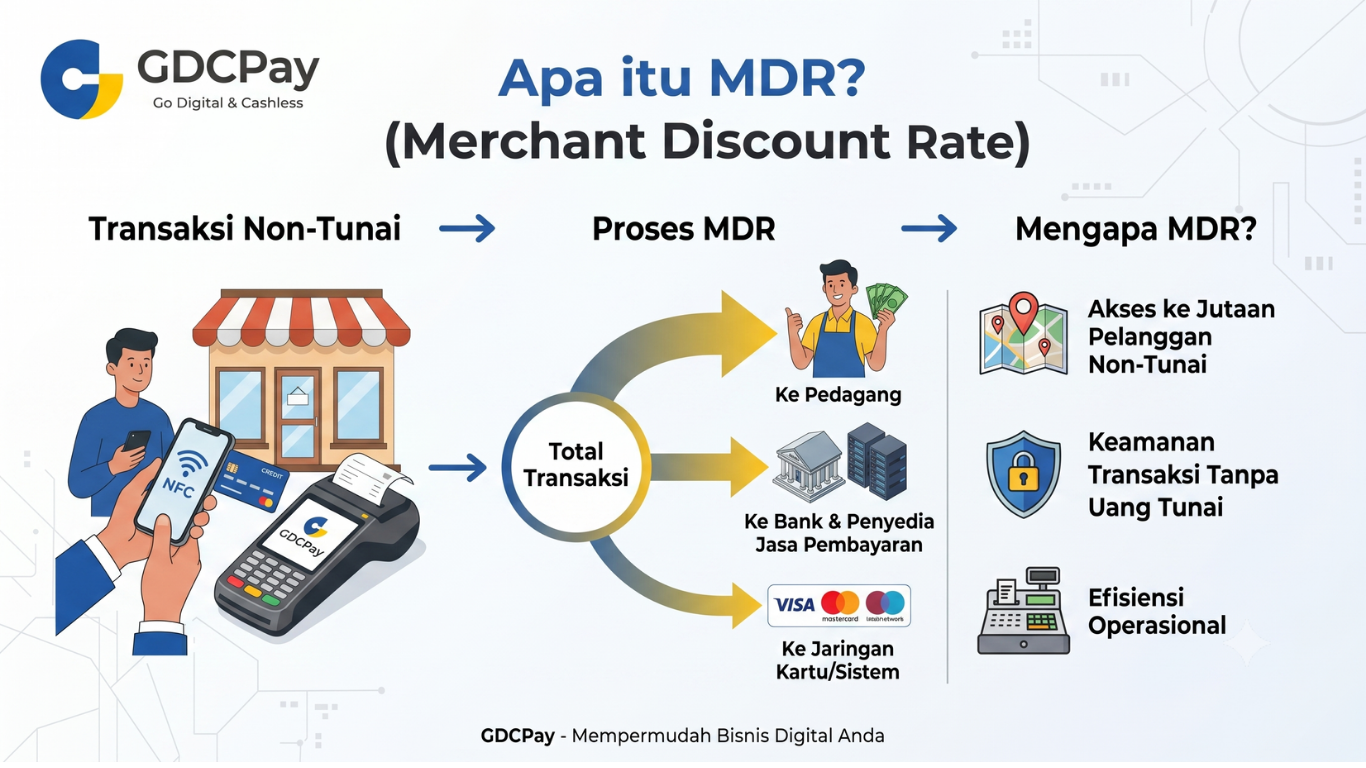 Ilustrasi MDR QRIS, Merchant Discount Rate, payment gateway QRIS API, dan dashboard transaksi merchant