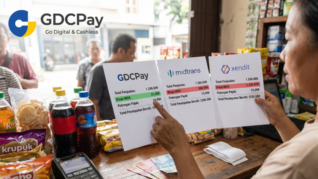 Ilustrasi perbandingan biaya MDR antar payment gateway untuk QRIS, Virtual Account, Linkage, Disbursement, dan transaksi merchant
