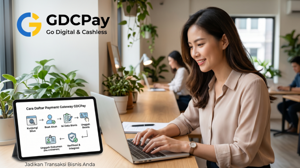 Ilustrasi cara daftar payment gateway dengan GDCPay payment gateway API, QRIS UMKM, QRIS dagang, dan aplikasi QRIS untuk dagang
