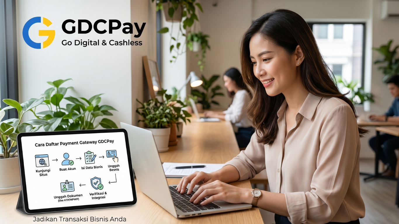Ilustrasi cara daftar payment gateway dengan GDCPay payment gateway API, QRIS UMKM, QRIS dagang, dan aplikasi QRIS untuk dagang