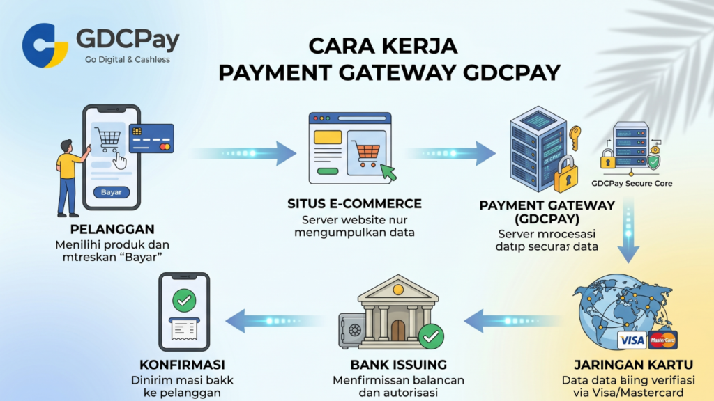 Ilustrasi cara kerja payment gateway yang menghubungkan pelanggan, website payment, QRIS, aplikasi pembayaran, dan dashboard merchant
