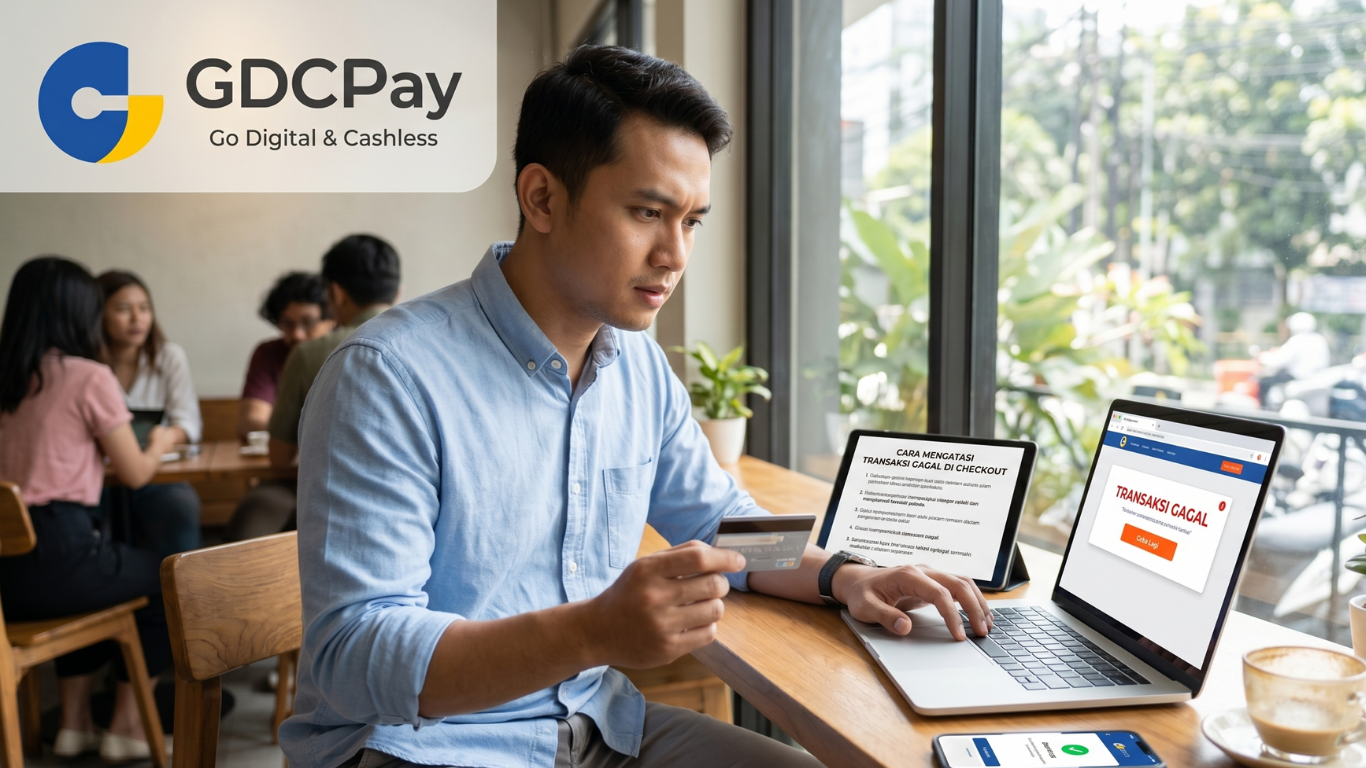 Ilustrasi transaksi gagal di checkout dengan payment gateway digital, QRIS pembayaran digital, dan dashboard pembayaran online