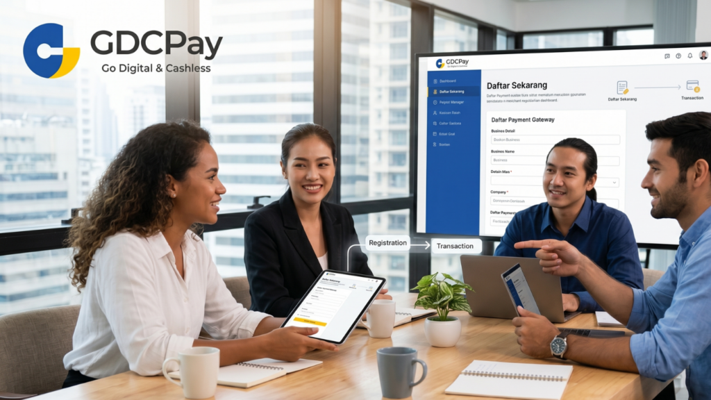 Ilustrasi daftar payment gateway Indonesia dengan QRIS API, multiple payment channel, dashboard transaksi online, dan merchant UMKM Jakarta