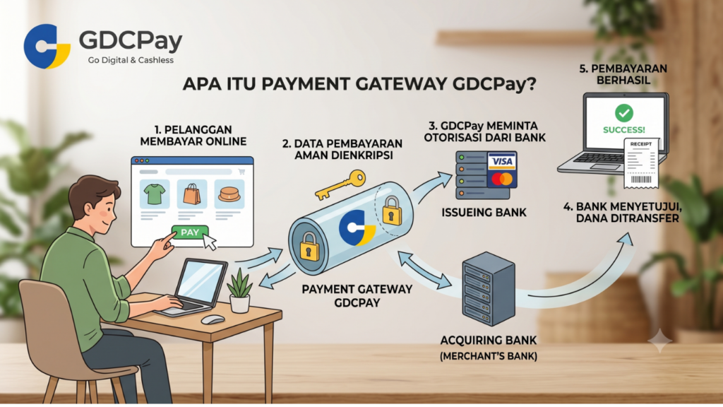 Ilustrasi payment gateway Indonesia yang menghubungkan website, aplikasi pembayaran, QRIS, merchant, dan pelanggan dalam satu sistem transaksi digital