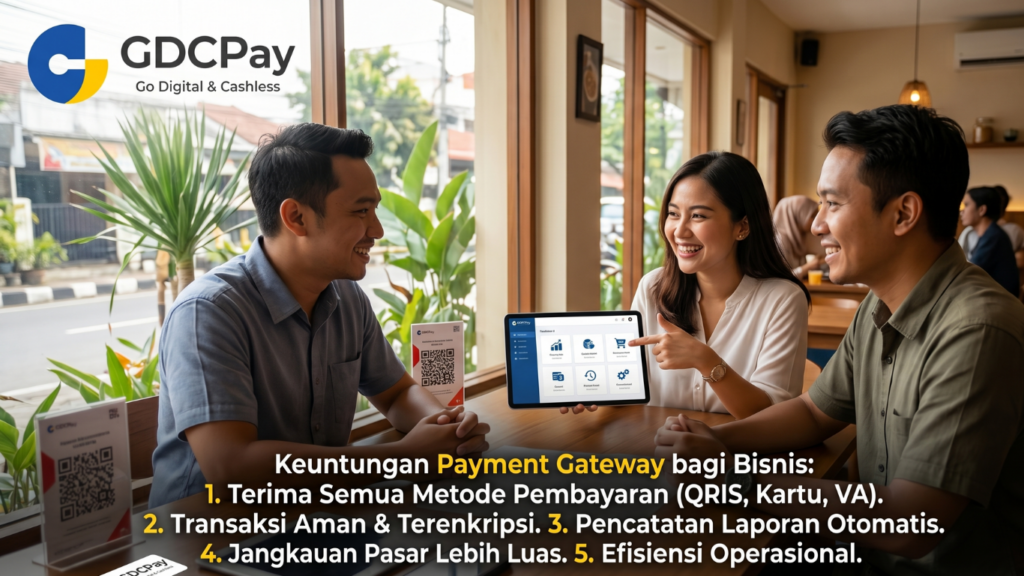 Ilustrasi keuntungan menggunakan payment gateway bagi bisnis dengan QRIS All Payment, QRIS pembayaran usaha, dan dashboard transaksi GDCPay