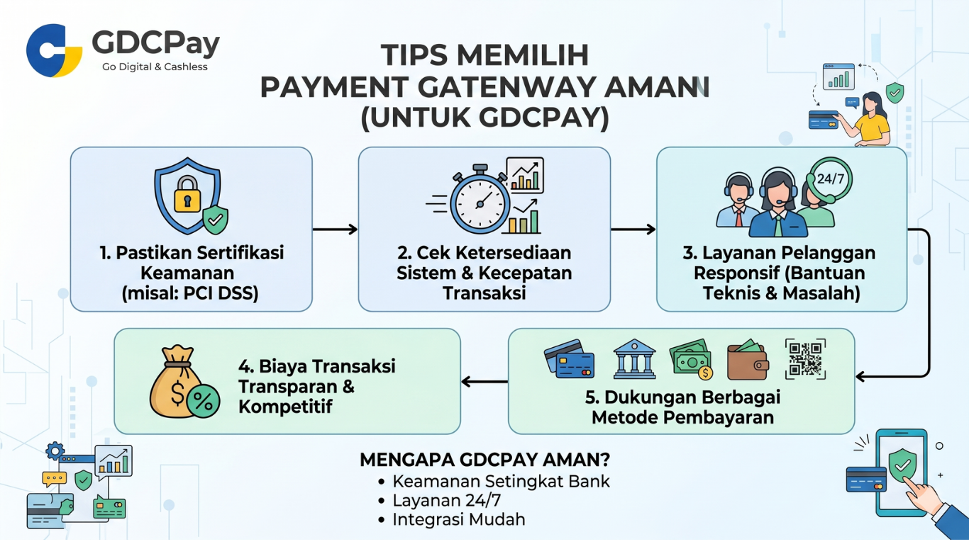 Ilustrasi tips memilih payment gateway aman dengan QRIS merchant, API pembayaran QRIS, GDCPay payment gateway, dan dashboard transaksi bisnis