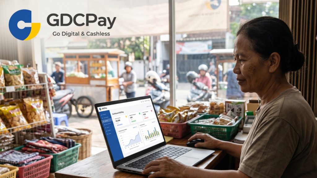 Ilustrasi dashboard payment gateway terbaik dengan laporan transaksi, QRIS UMKM, metode pembayaran digital, dan monitoring settlement