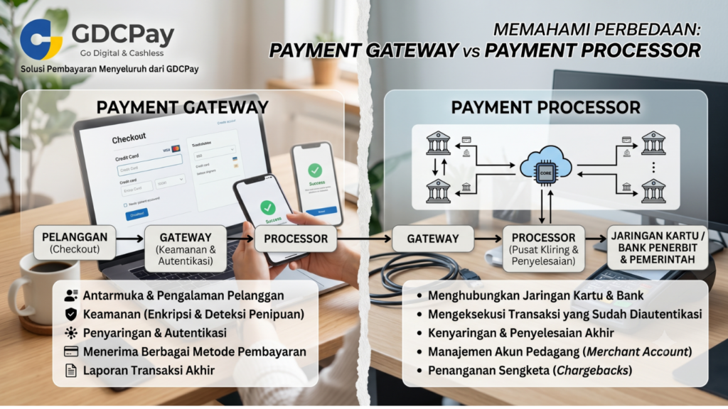 Ilustrasi perbedaan payment gateway dan payment processor untuk transaksi bisnis, QRIS Online, link payment gateway, dan GDCPay payment gateway B2B