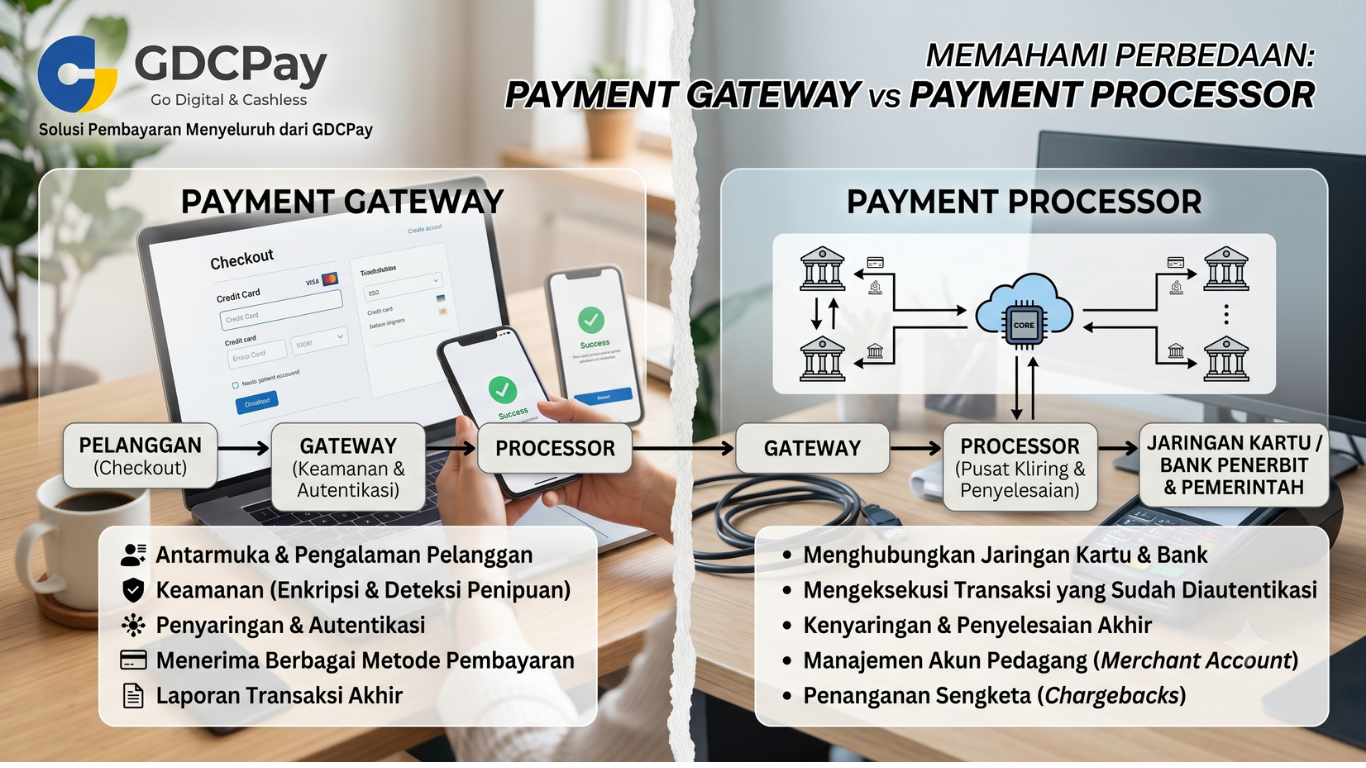 Ilustrasi perbedaan payment gateway dan payment processor untuk transaksi bisnis, QRIS Online, link payment gateway, dan GDCPay payment gateway B2B