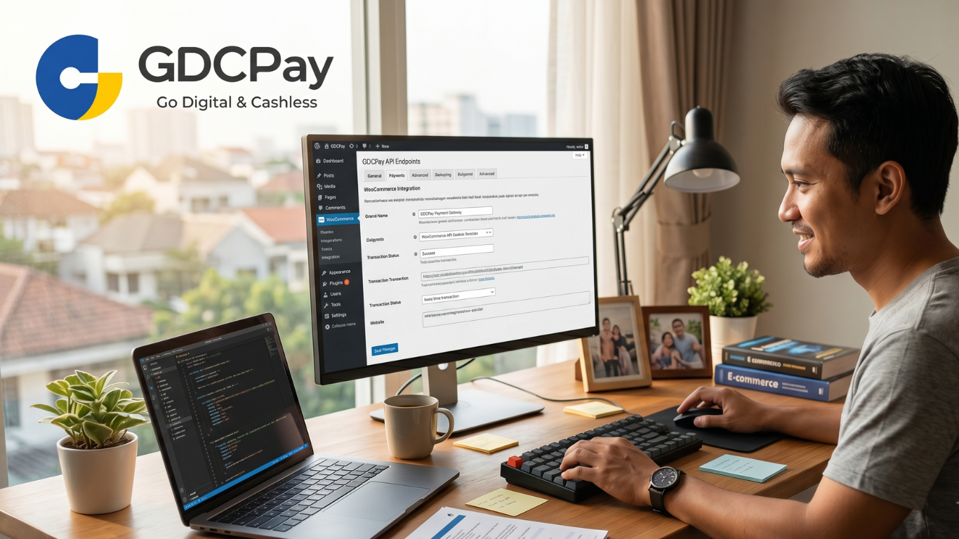 Ilustrasi WooCommerce payment gateway API dengan GDCPay payment gateway Indonesia, QRIS, plugin WordPress, dan dashboard transaksi toko online