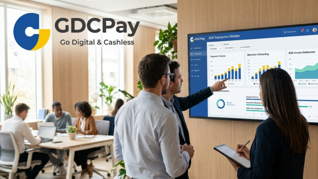 Ilustrasi payment gateway Indonesia B2B dengan QRIS API, Virtual Account, rekonsiliasi enterprise, dan dashboard GDCPay