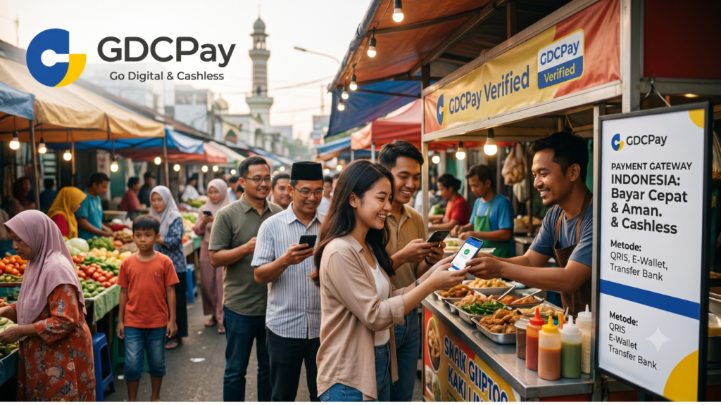 Ilustrasi payment gateway terpopuler Indonesia dengan QRIS, API website, payment link, dashboard transaksi, dan rekonsiliasi keuangan