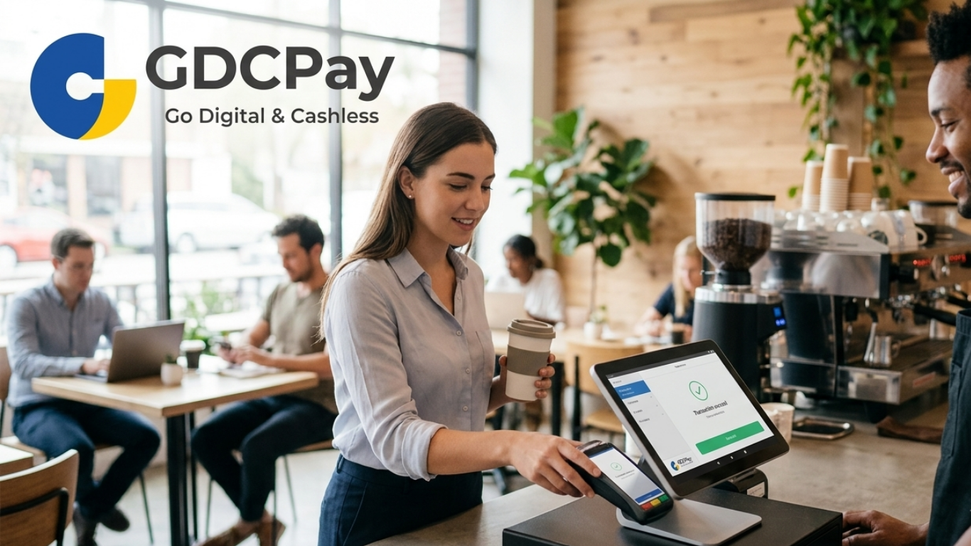 Ilustrasi solusi payment gateway GDCPay dengan QRIS API, payment link, dashboard transaksi, dan pembayaran digital UMKM