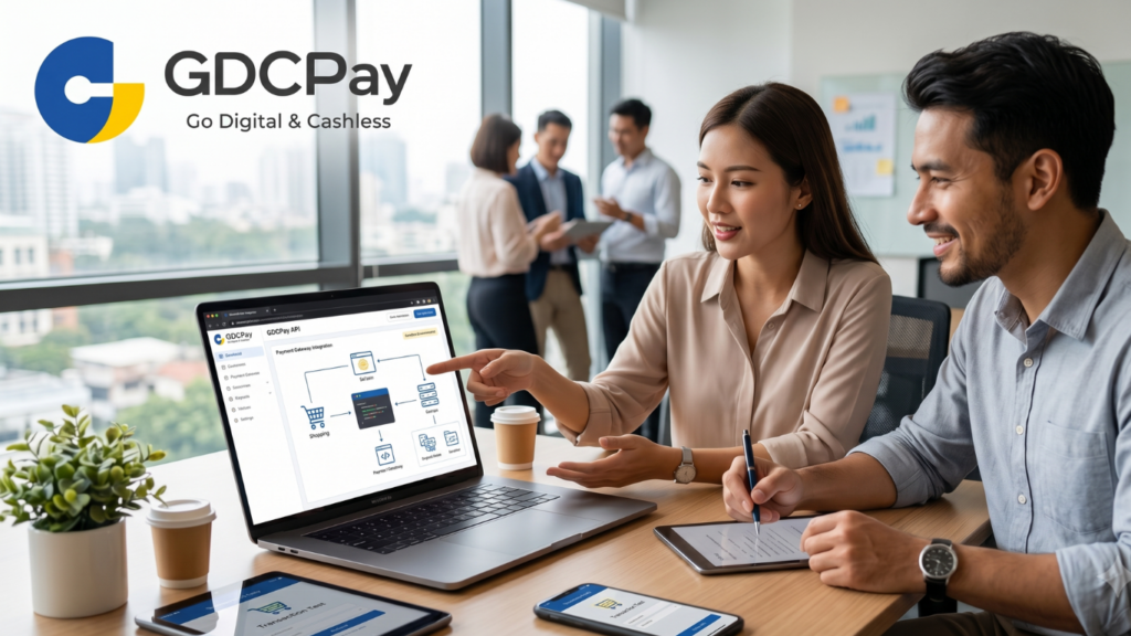 Ilustrasi integrasi payment gateway website dengan QRIS API, dashboard transaksi, aplikasi UMKM, dan sistem pembayaran digita