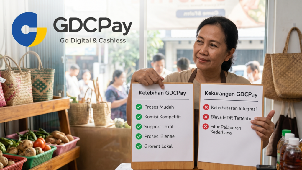 Ilustrasi kelebihan dan kekurangan GDCPay untuk pembayaran digital QRIS, Virtual Account, keamanan PCI-DSS, dan integrasi bisnis