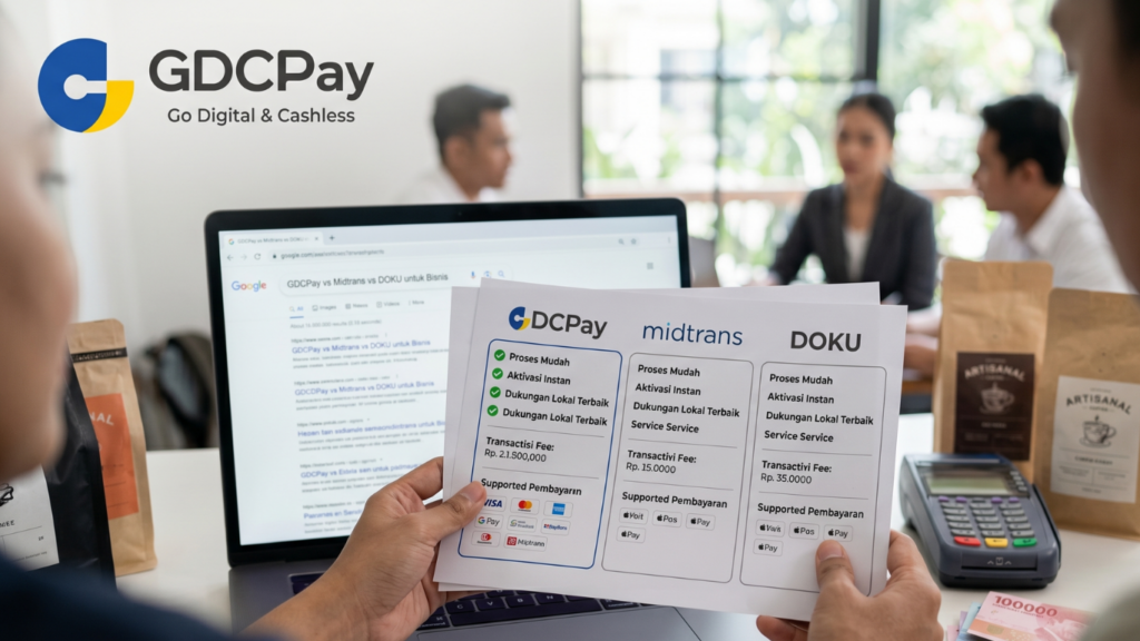 Ilustrasi perbandingan GDCPay vs Midtrans vs DOKU untuk payment gateway, QRIS UMKM, enterprise, API pembayaran, dan dashboard transaksi