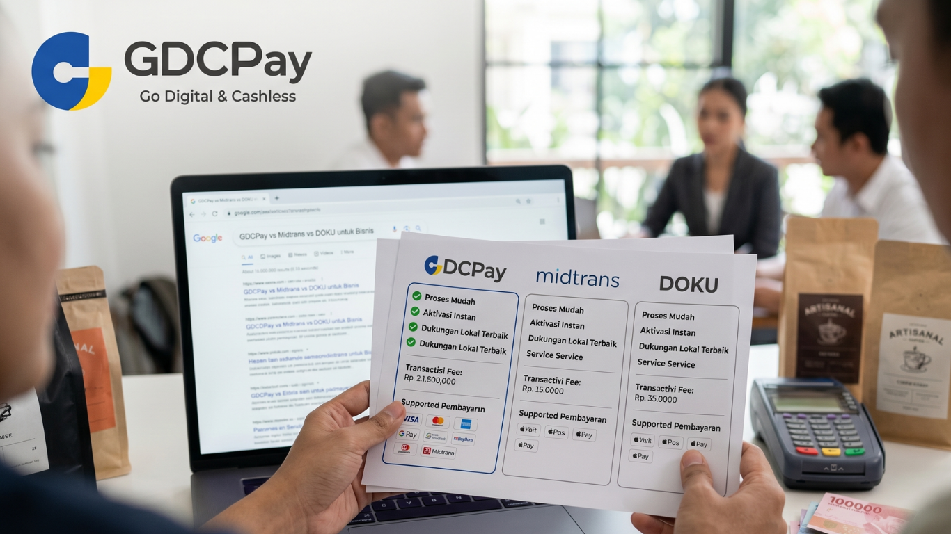 Ilustrasi perbandingan GDCPay vs Midtrans vs DOKU untuk payment gateway, QRIS UMKM, enterprise, API pembayaran, dan dashboard transaksi