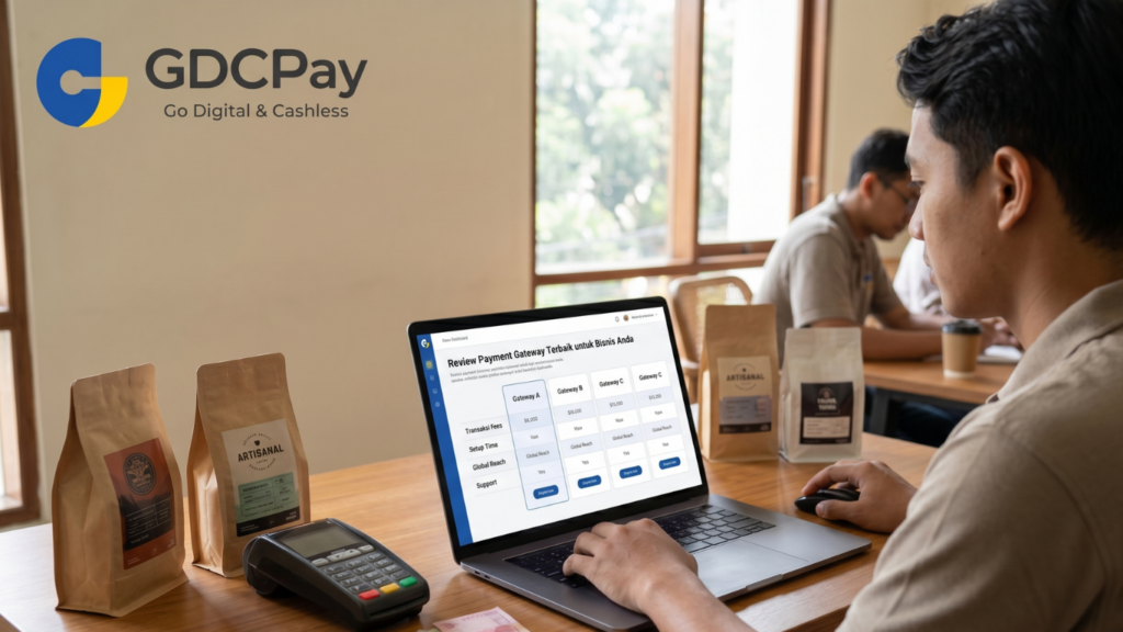 Ilustrasi review payment gateway terbaik di Indonesia dengan QRIS UMKM, API payment gateway, dashboard transaksi, dan penarikan dana merchant
