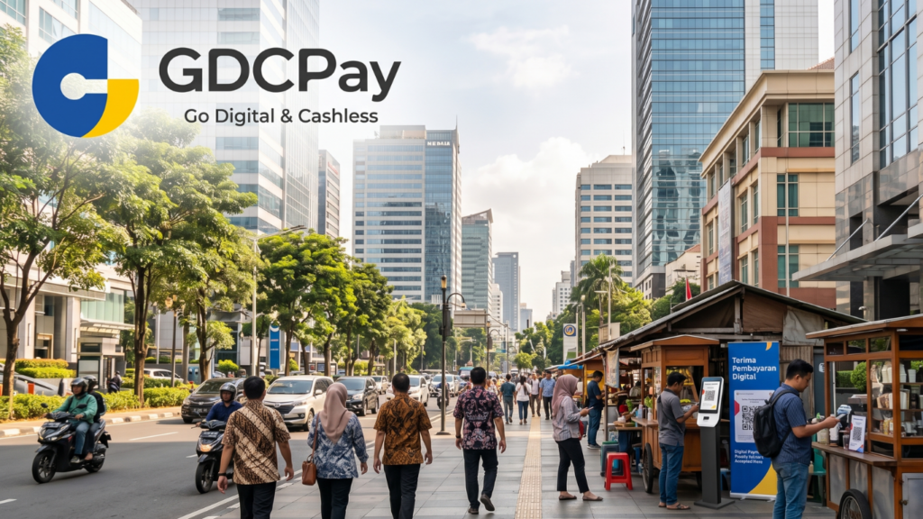 Ilustrasi layanan payment gateway Indonesia dengan QRIS, Virtual Account, payment link, dashboard transaksi, dan pembayaran digital bisnis