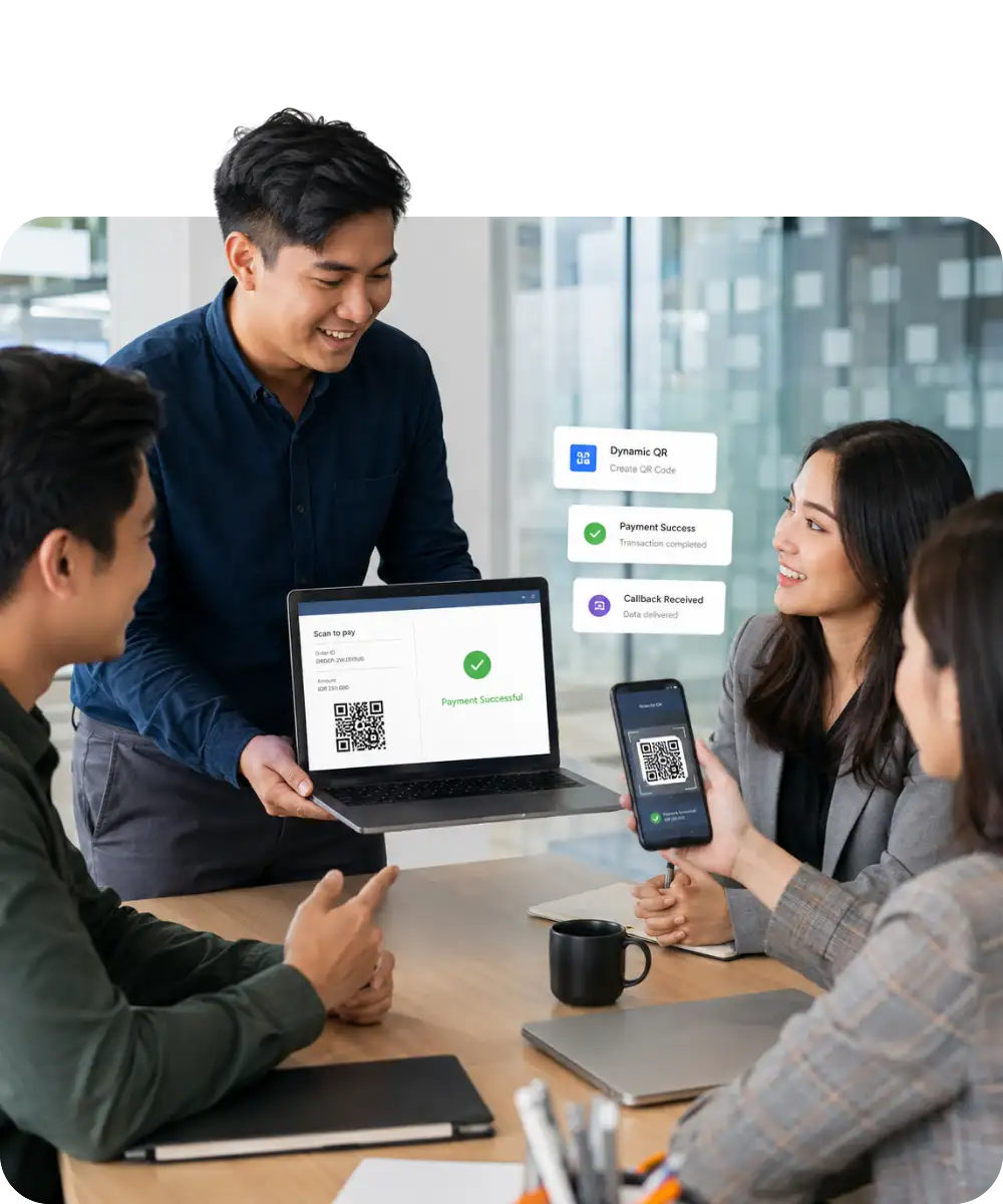 Tim profesional Indonesia mendemonstrasikan integrasi pembayaran QRIS melalui laptop dan smartphone dengan status transaksi berhasil.