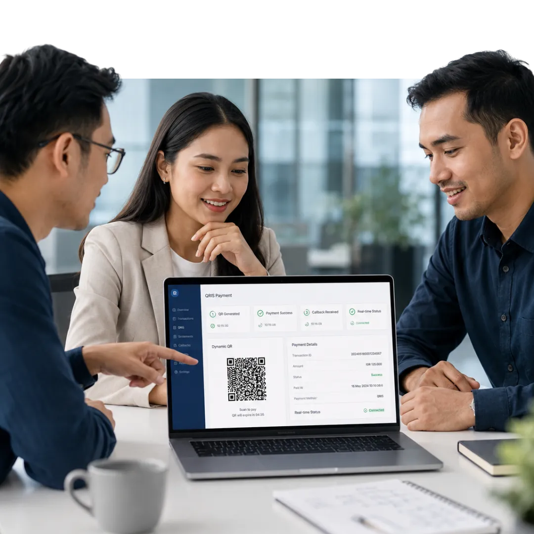 Tim profesional Indonesia meninjau dashboard integrasi QRIS yang menampilkan QR dinamis, pembayaran berhasil, callback, dan status real-time.