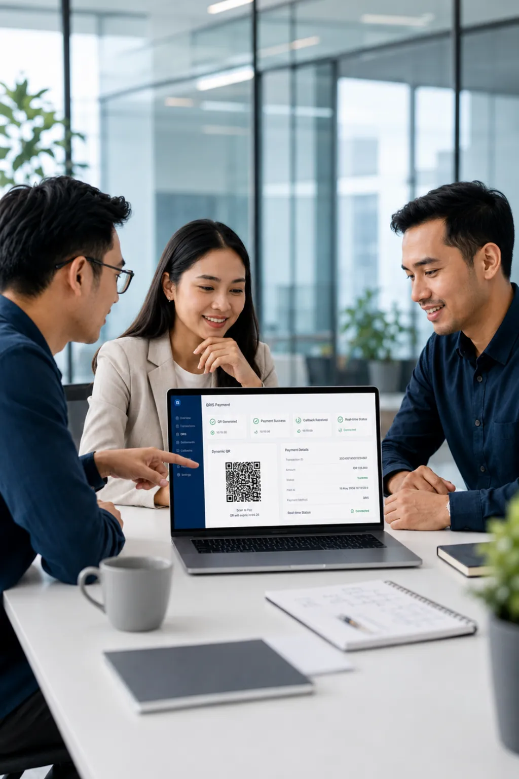Tim profesional Indonesia meninjau dashboard integrasi QRIS yang menampilkan QR dinamis, pembayaran berhasil, callback, dan status real-time.